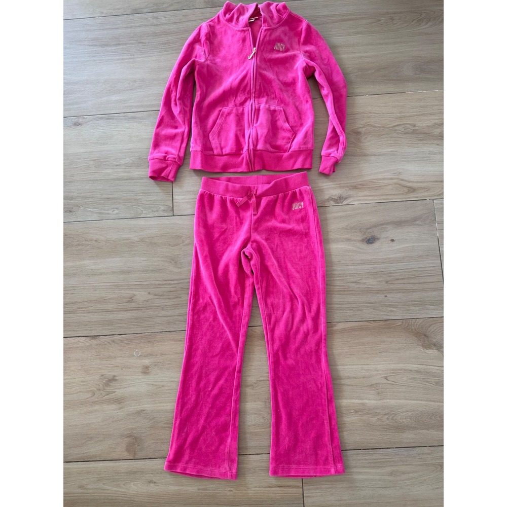 Juicy Couture Kids Hot Pink Velour Tracksuit Hoodie Flare Pants Set Rhinestone 8
